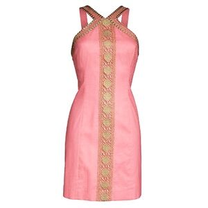 NEW Lilly Pulitzer Ena Shift Dress Size 10 Gold Trim Cut-In Neckline Stretch NWT